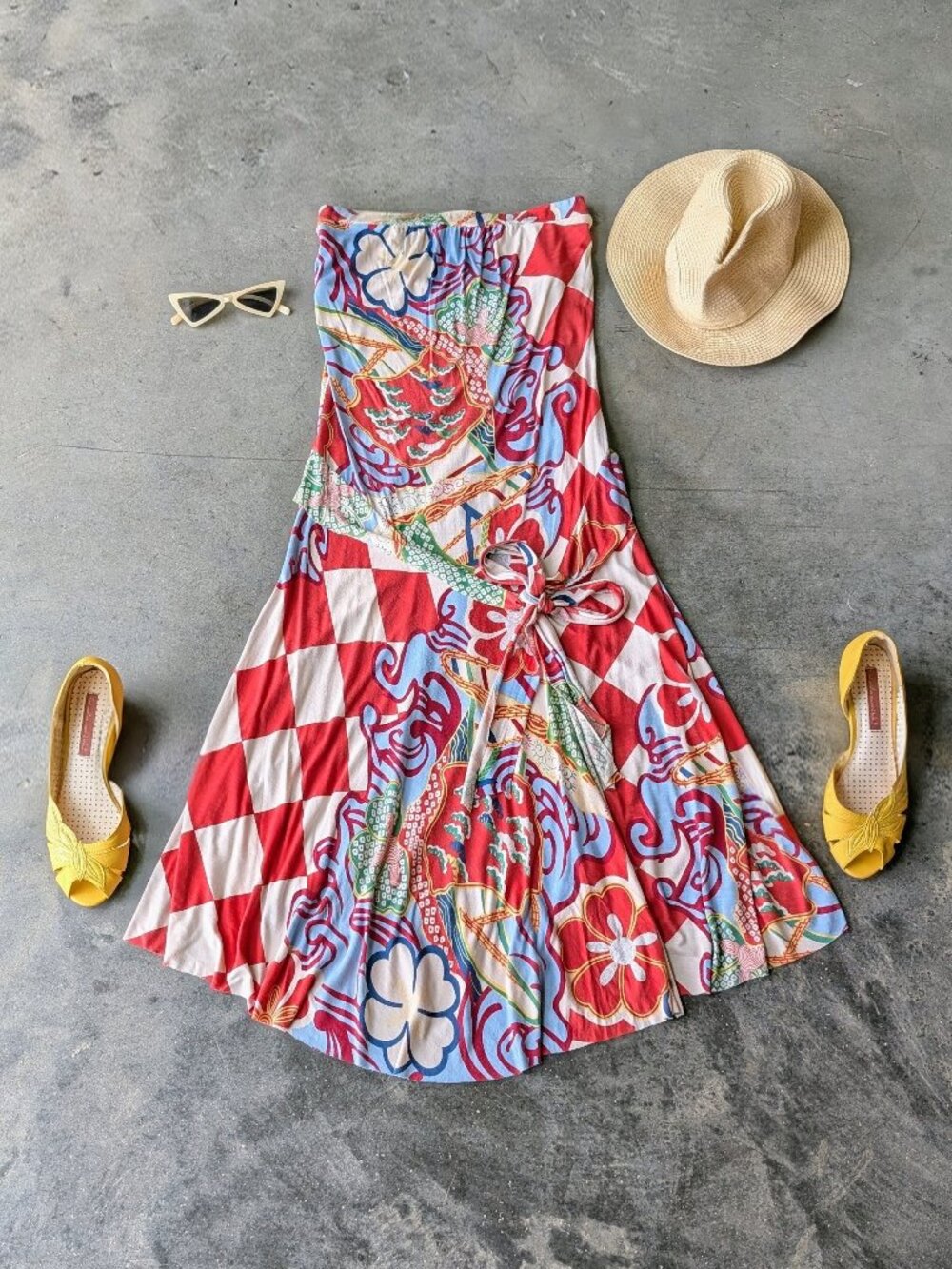 Aoyama Itchome Colorful Abstract Pattern Strapless Midi Dress large